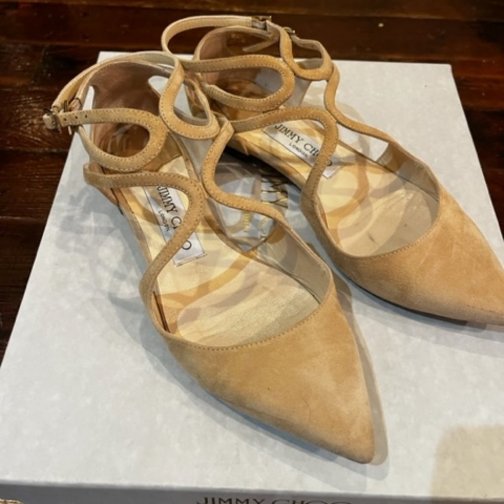 Jimmy Choo Tan Suede Pointed-Toe Flats